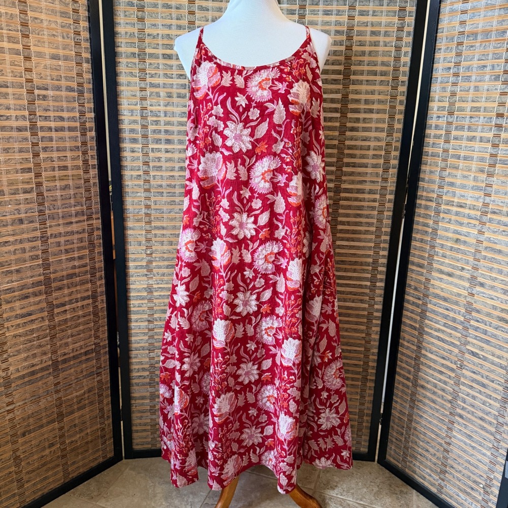 The Indian Ethnic Co Floral Block Print‎ Maxi Dress Women XXL Red Handcrafted